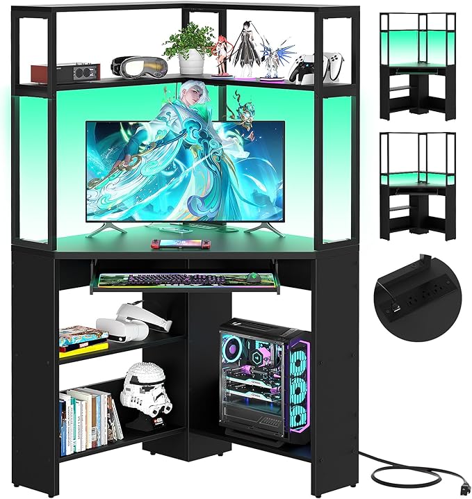 Cyclysio Small Corner Desk with Hutch, Heavy Duty Corner Computer Desk with Power Outlets & LED Light, Triangle Corner Gaming Desk with Keyboard Tray for Home Office, Small Space, Workstation Black - LeafyLoom