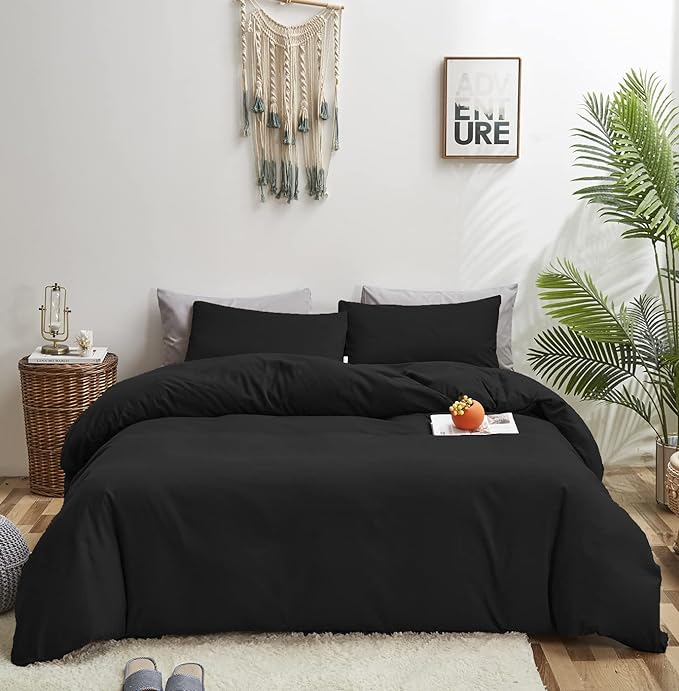 Black Comforter Queen Black Bedding Set Pure Black Queen Comforter Soft Durable Comforter Set Women 3 Pieces Breathable Lightweight Comforter Set - LeafyLoom