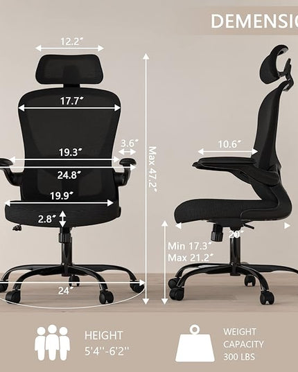Office Chair, High Back Ergonomic Desk Chair, Breathable Mesh Desk Chair with Adjustable Lumbar Support and Headrest, Swivel Task Chair with flip-up Armrests, Executive Chair for Home Office - LeafyLoom