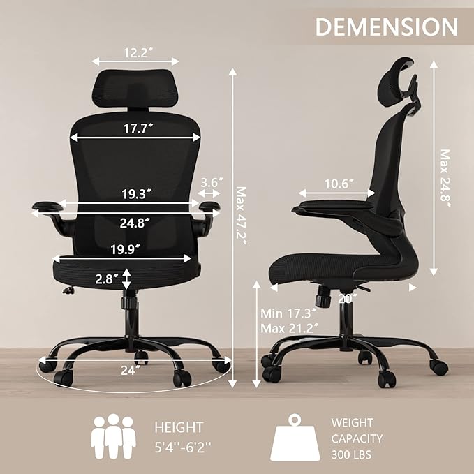 Office Chair, High Back Ergonomic Desk Chair, Breathable Mesh Desk Chair with Adjustable Lumbar Support and Headrest, Swivel Task Chair with flip-up Armrests, Executive Chair for Home Office - LeafyLoom