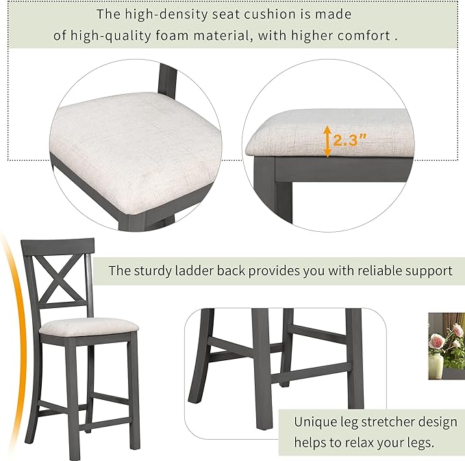 Modern 6-Piece Counter Height Functional Dining Set, Including 1 Table, 4 Chairs, and 1 Bench for Playroom, Living Room, Home Bar, and Kitchen, Gray - LeafyLoom
