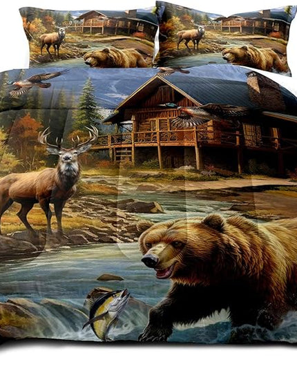 LUVIVIHOME 2PCS Deer Bear Comforter Set Twin Size, Rustic Cabin Bedding, Lake House Country Farmhouse Lodge Wildlife Forest Animal Fish Mallard Duck Hunting Bedroom Decor, Soft Quilt, 1 Pillow Sham - LeafyLoom