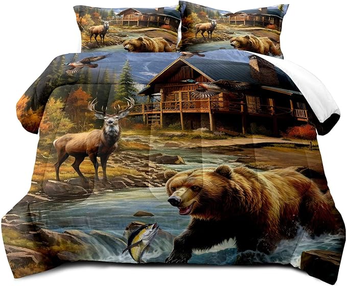 LUVIVIHOME 2PCS Deer Bear Comforter Set Twin Size, Rustic Cabin Bedding, Lake House Country Farmhouse Lodge Wildlife Forest Animal Fish Mallard Duck Hunting Bedroom Decor, Soft Quilt, 1 Pillow Sham - LeafyLoom