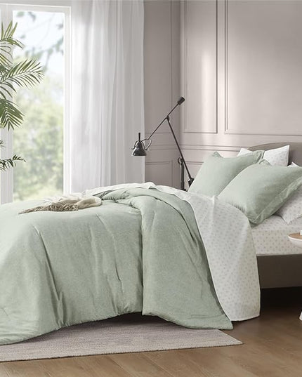 5 Pieces Twin Size Comforter Set with Sheets, Neutral Green Bed in a Bag, Modern Farmhouse Bedding Sets with Comforter, Flat & Fitted Sheet, Pillowcases & Shams - LeafyLoom