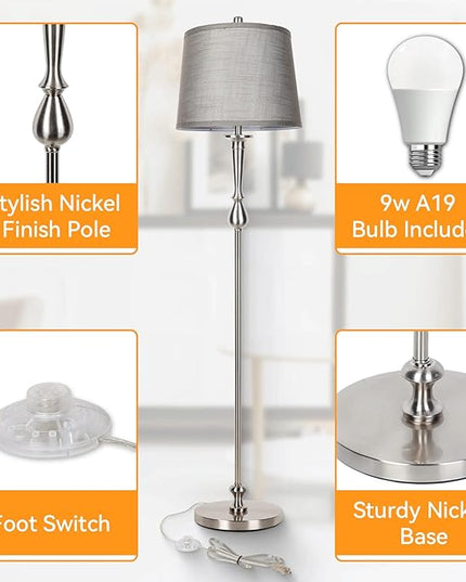Dott Arts Tall Floor Lamp for Living Room Bedroom, 3 Color Temperature Standing Lamp with Grey Linen Shade, Modern Floor Lamp with 9W LED Bulb, Elegant Nickel Finish Reading Floor Lamps, Foot Switch - LeafyLoom