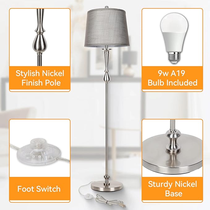 Dott Arts Tall Floor Lamp for Living Room Bedroom, 3 Color Temperature Standing Lamp with Grey Linen Shade, Modern Floor Lamp with 9W LED Bulb, Elegant Nickel Finish Reading Floor Lamps, Foot Switch - LeafyLoom