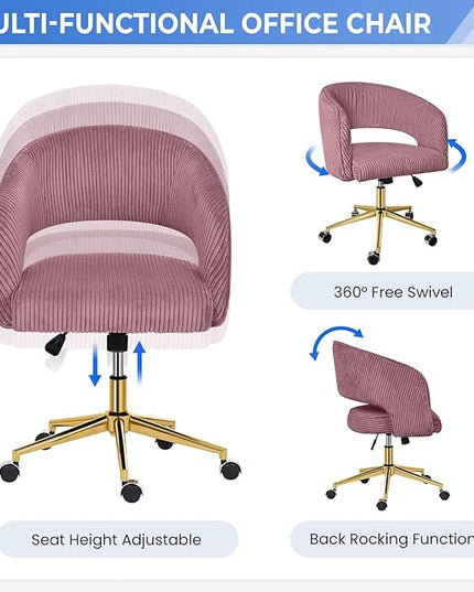 Rose Pink Office Chair, Corduroy Home Office Desk Chairs with Wheels and Gold Base, Mid Century Swivel Vanity Chair, Comfy Rolling Chair for Bedroom, Living Room, Study - LeafyLoom