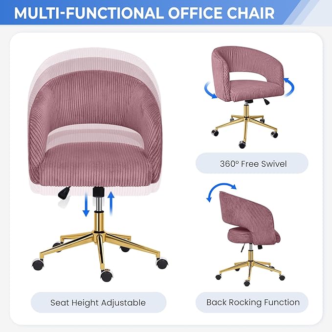 Rose Pink Office Chair, Corduroy Home Office Desk Chairs with Wheels and Gold Base, Mid Century Swivel Vanity Chair, Comfy Rolling Chair for Bedroom, Living Room, Study - LeafyLoom