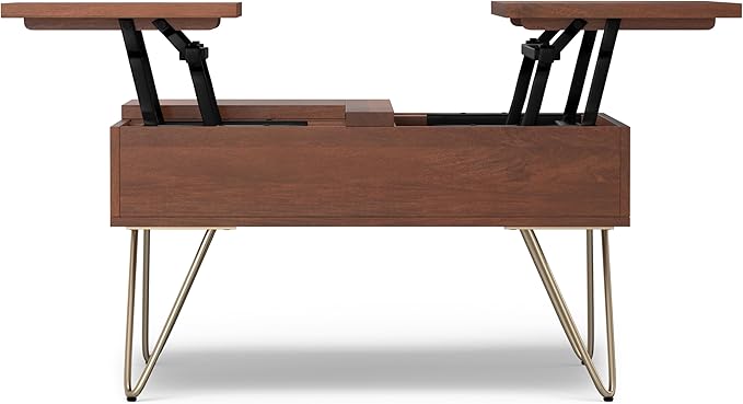 SIMPLIHOME Hunter SOLID MANGO WOOD Wide Square Industrial Lift Top Coffee Table for The Living Family Room, 32 inch, Umber Brown, Gold - LeafyLoom