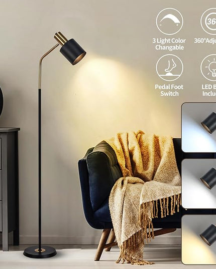 O'NEELDY Modern Industrial Floor Lamp 65" Black Standing Lamp, Black Floor Lamp with 360° Adjustable Lampshade, 12W E26 Bulb Included, Floor Lamp for Living Room, Bedroom, Office - LeafyLoom