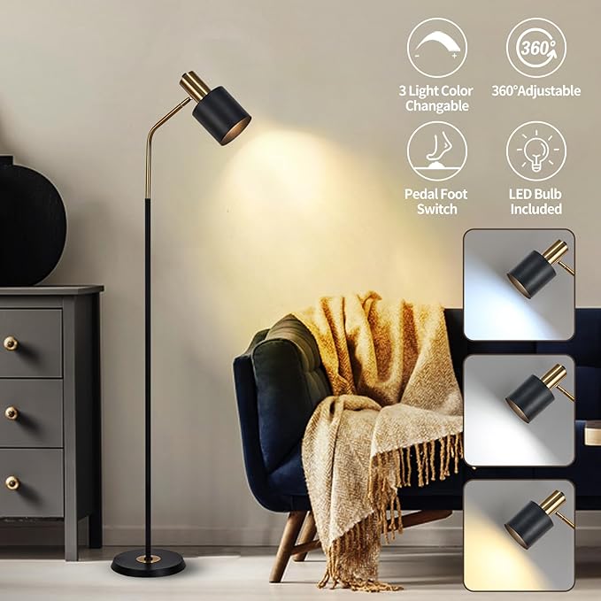 O'NEELDY Modern Industrial Floor Lamp 65" Black Standing Lamp, Black Floor Lamp with 360° Adjustable Lampshade, 12W E26 Bulb Included, Floor Lamp for Living Room, Bedroom, Office - LeafyLoom