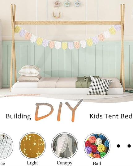 Bellemave Twin Size Tent Floor Bed Frame with Triangle Structure, Teepee Bed Platform Bed for Kids,Montessori Floor Bed for Girls Boys(Twin,White+Natural) - LeafyLoom