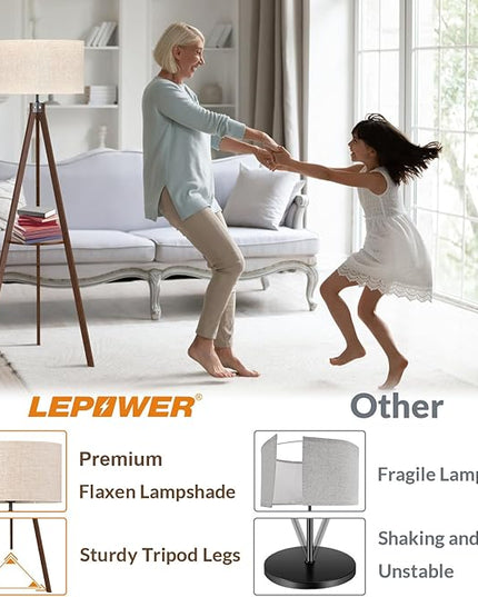 LEPOWER Tripod Floor Lamp, Mid Century Wood Standing Lamp, Modern Design Shelf Floor Lamp for Living Room, Bedroom, Office, Flaxen Lamp Shade with E26 Lamp Base Dark Brown - LeafyLoom