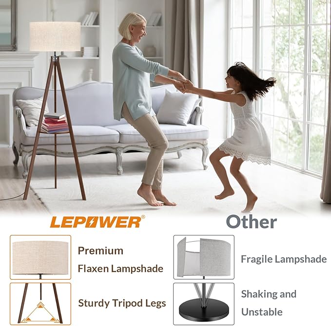 LEPOWER Tripod Floor Lamp, Mid Century Wood Standing Lamp, Modern Design Shelf Floor Lamp for Living Room, Bedroom, Office, Flaxen Lamp Shade with E26 Lamp Base Dark Brown - LeafyLoom
