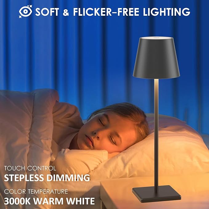 4-Pack LED Cordless Table Lamp, Rechargeable Battery Desk lamp 3W 6000mAh Battery Operated Stepless Dimming Modern Portable Table Light for Restaurant/Dinner/Bedroom/Outdoor IP54 Waterproof (Black) - LeafyLoom