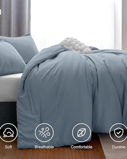 CozyLux Grayish Blue Comforter Set King Size, 3 Pieces Solid Breathable Quilted Boho Style Bedding Sets, Luxury Fluffy Soft Microfiber Comforter for All Season(1 Comforter & 2 Pillowcases) - LeafyLoom