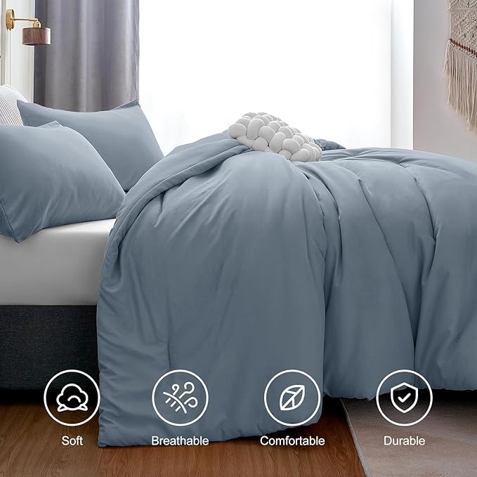 CozyLux Grayish Blue Comforter Set King Size, 3 Pieces Solid Breathable Quilted Boho Style Bedding Sets, Luxury Fluffy Soft Microfiber Comforter for All Season(1 Comforter & 2 Pillowcases) - LeafyLoom