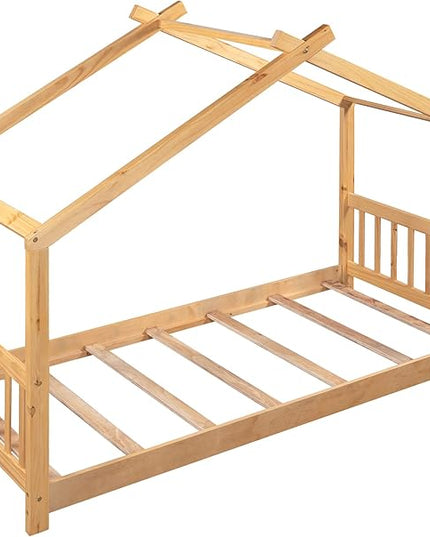 Montessori Floor Bed Frame Twin Size, Twin Floor Bed with Headboard and Footboard, Low House Bed for Girls, Kids, Boys, No Box Spring Needed, Natural Montessori Bed Twin Size - LeafyLoom