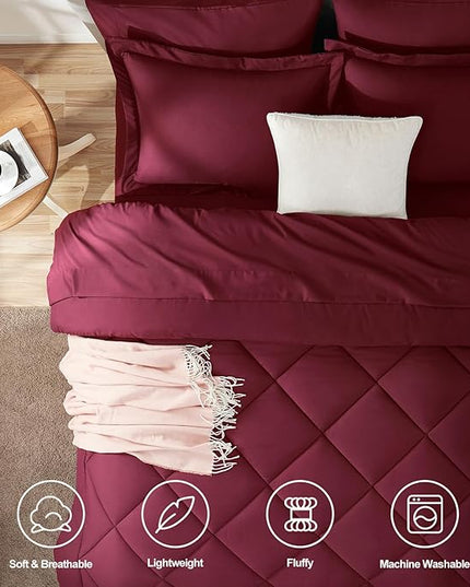 CozyLux Queen Comforter Set with Sheets 7 Pieces Bed in a Bag Burgundy All Season Bedding Sets with Comforter, Pillow Shams, Flat Sheet, Fitted Sheet and Pillowcases, Red, Queen - LeafyLoom