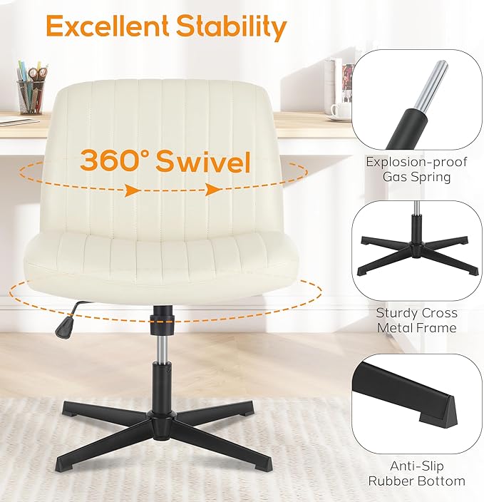 Criss Cross Chair, Cross Legged Office Chair, Wide Comfty Desk Chair, No Wheels Armless Computer Task Chair, Swivel Vanity Home Chair, Height Adjustable - LeafyLoom