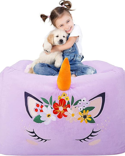 Aubliss Unicorn Stuffed Animal Storage Bean Bag Chair for Kids, Velvet Extra Soft Beanbag Chairs Cover, X-Large Stuffable Zipper Bean Bag for Organizing Plush Toys Girls Bedroom Decor, Purple Floral - LeafyLoom