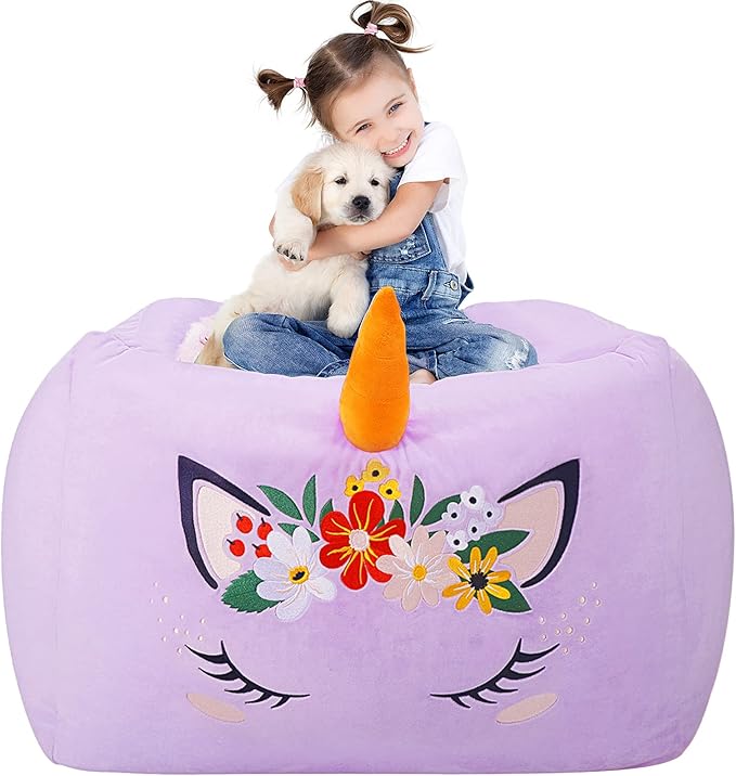 Aubliss Unicorn Stuffed Animal Storage Bean Bag Chair for Kids, Velvet Extra Soft Beanbag Chairs Cover, X-Large Stuffable Zipper Bean Bag for Organizing Plush Toys Girls Bedroom Decor, Purple Floral - LeafyLoom