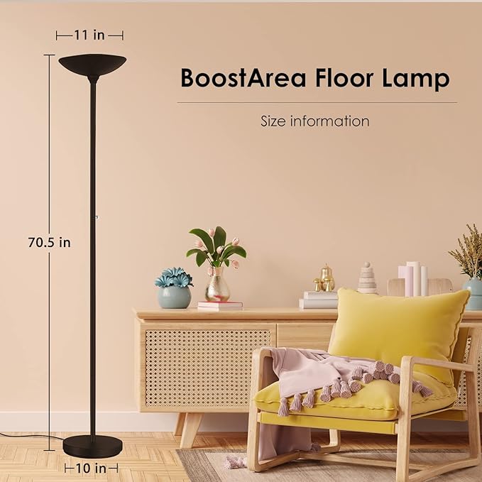 BoostArea Torchiere Floor Lamp, 24W Super Bright LED Standing Lamp, Stepless Dimmable Pole Lamp with 3000K Lighting, Rotary Switch, 70 Inch Tall Metal Modern Floor lamps for Living Room/Bedroom Brown - LeafyLoom
