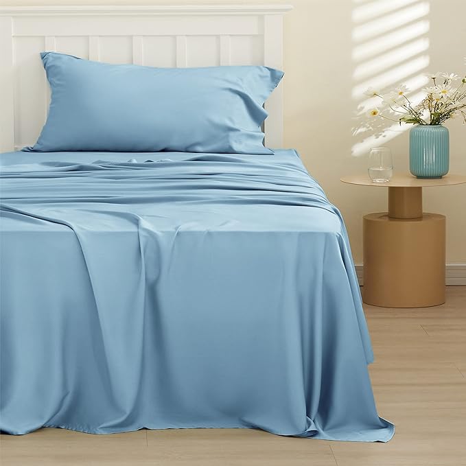 Bedsure Twin XL Sheet Set Dorm Bedding, Cooling Sheets Twin Extra Long Sheets, Rayon Derived from Bamboo, Deep Pocket Up to 16", Hotel Luxury Silky Bedding Sheets & Pillowcases, Teal Blue - LeafyLoom