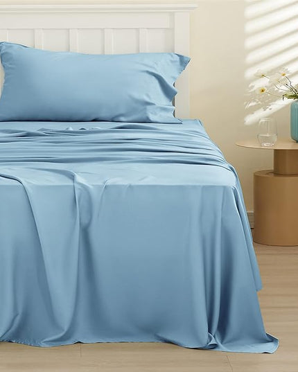 Bedsure Twin Sheets Set, Cooling Sheets Twin Size Bed Set, Rayon Derived from Bamboo, Twin Size Sheets, Breathable & Soft Bed Sheets, Hotel Luxury Silky Bedding Sheets & Pillowcases, Teal Blue - LeafyLoom
