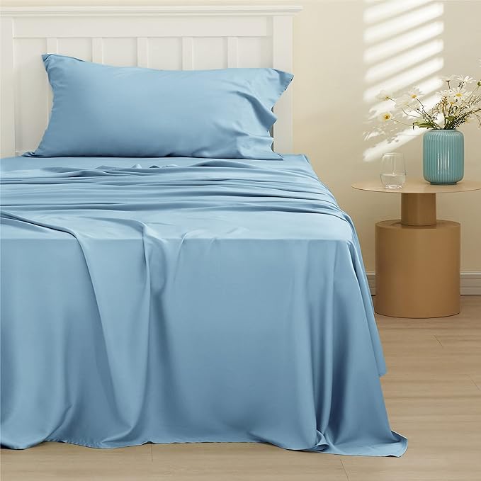Bedsure Twin Sheets Set, Cooling Sheets Twin Size Bed Set, Rayon Derived from Bamboo, Twin Size Sheets, Breathable & Soft Bed Sheets, Hotel Luxury Silky Bedding Sheets & Pillowcases, Teal Blue - LeafyLoom
