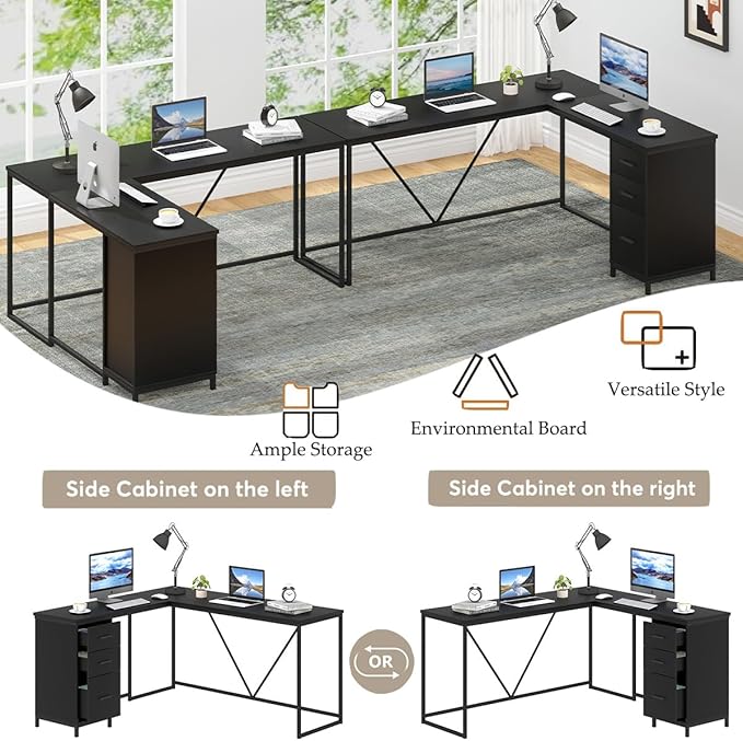 HSH Large Black L Shaped Desk, Corner Wood Computer Desk with Drawer, Modern Work Home Office Desk with Storage Cabinet, Industrial Executive PC Study Writing Desk for Living Bedroom, Black, 59 Inch - LeafyLoom