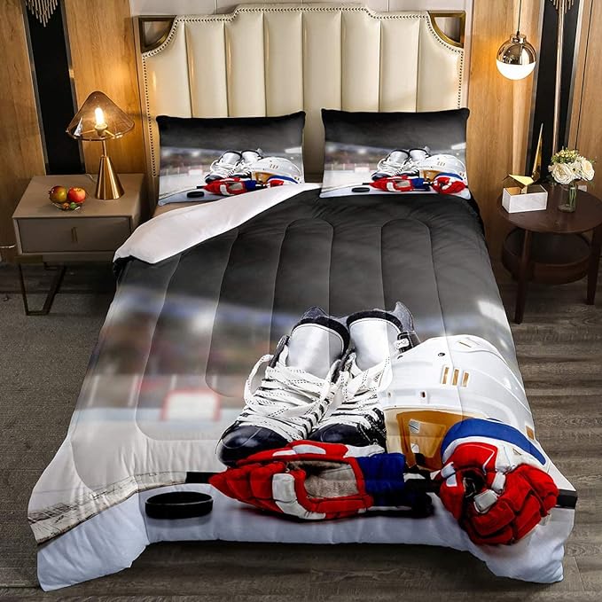Erosebridal Ice Hockey Comforter Set Queen, Hockey Player Down Comforter for Kids Boys Girls Teens Juvenile, Sports Game Duvet Set, Soft Winter Quilted Duvet Sports Bedroom Decor for All Season - LeafyLoom