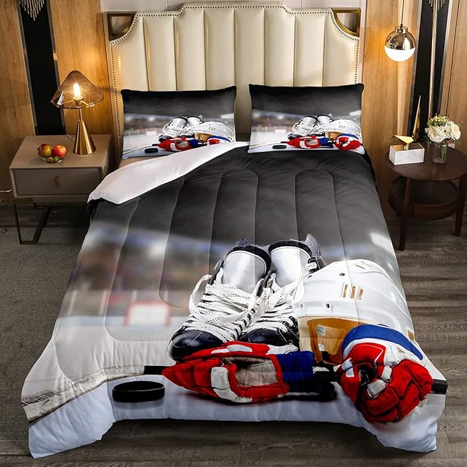 Erosebridal Ice Hockey Comforter Set Full, Hockey Player Down Comforter for Kids Boys Girls Teens Juvenile, Sports Game Duvet Set, Soft Winter Quilted Duvet Sports Bedroom Decor for All Season - LeafyLoom
