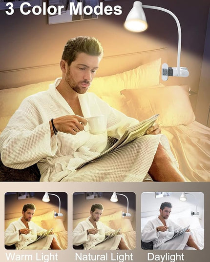 BOHON Clamp Lamp Reading Light 3 Color Modes 10 Brightness Dimmer Bedside Lamp 10W 38 LED Desk Lamp with Auto Off Timer 360° Flexible Gooseneck Clip on Light for Bed, USB Cord Include, White - LeafyLoom