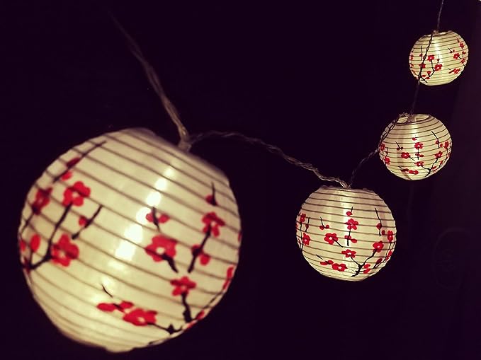 JYWJ Sakura (Cherry) Flowers White Color Chinese/Japanese Small Cloth Lantern/Lamp 3" Diameter LED String Light Length 78.7" 2-AA Battery Powered & USB Charger Gift for Kids (Red) - LeafyLoom