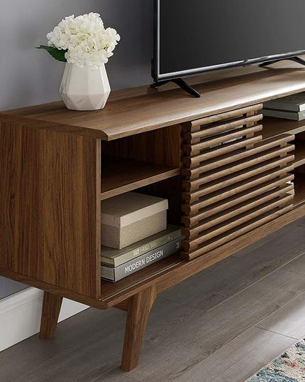Modway Render 71" Mid-Century Modern Low Profile Media Console TV Stand, 71 Inch, Walnut - LeafyLoom
