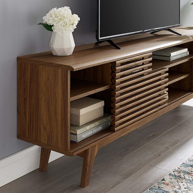 Modway Render 71" Mid-Century Modern Low Profile Media Console TV Stand, 71 Inch, Walnut - LeafyLoom