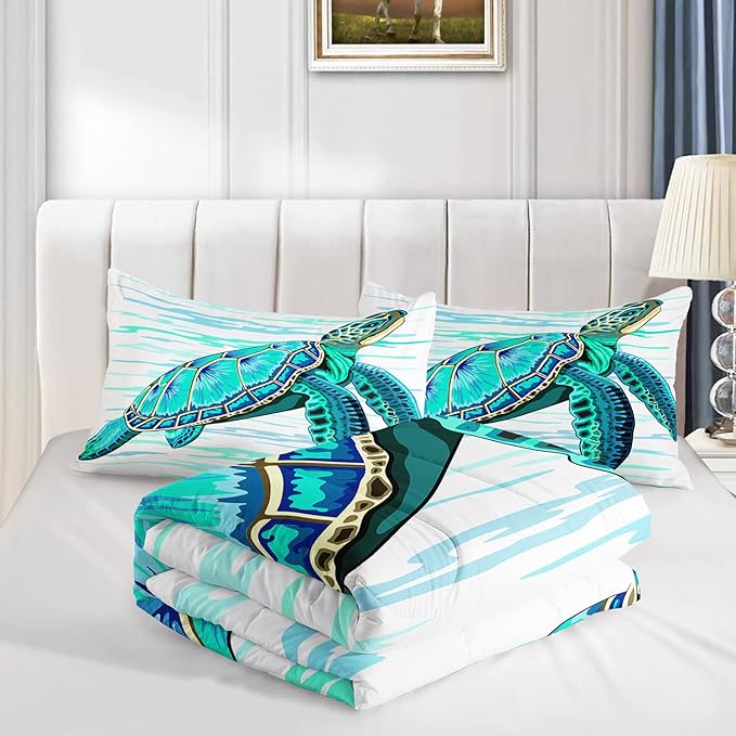 CVHOUSE Sea Turtle Bedding Set,Sea Turtle Comforter King,Ocean Bohemia Comforter Set for Boys Kids Girls,Ocean Quilt Set with 1 Comforter and 2 Pillow Cases - LeafyLoom