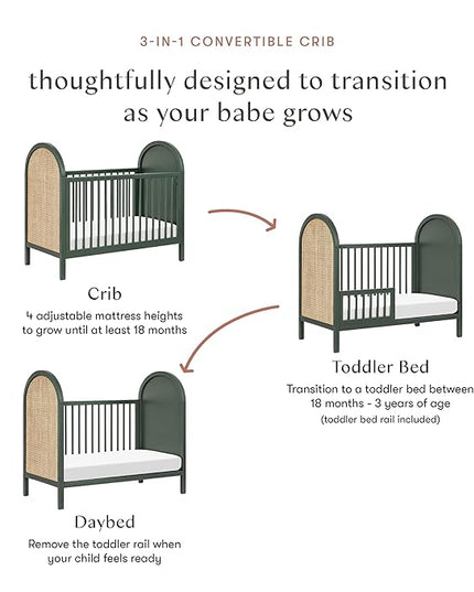 babyletto Bondi Cane 3-in-1 Convertible Crib with Toddler Bed Conversion Kit in Forest Green with Natural Cane, Greenguard Gold Certified - LeafyLoom