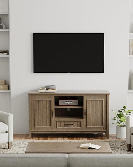 SIMPLIHOME Lev SOLID WOOD 53 Inch Wide Contemporary TV Media Stand in Smoky Brown for TVs up to 60 Inches, for The Living Room and Entertainment Center - LeafyLoom