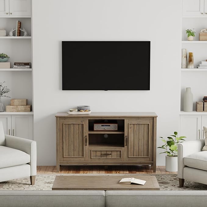 SIMPLIHOME Lev SOLID WOOD 53 Inch Wide Contemporary TV Media Stand in Smoky Brown for TVs up to 60 Inches, for The Living Room and Entertainment Center - LeafyLoom