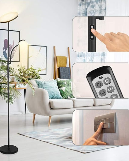 Led Floor Lamp Torchiere Floor Lamp with Adjustable Reading Lamp,2000lumens Main Light and 400lumens Side Reading Light for Living Room, Bedroom, Office, Work with Remote Control, Matte Black - LeafyLoom