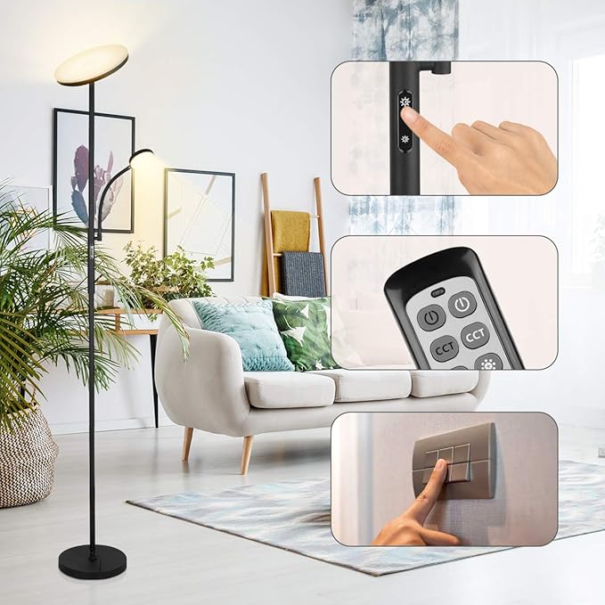 Led Floor Lamp Torchiere Floor Lamp with Adjustable Reading Lamp,2000lumens Main Light and 400lumens Side Reading Light for Living Room, Bedroom, Office, Work with Remote Control, Matte Black - LeafyLoom