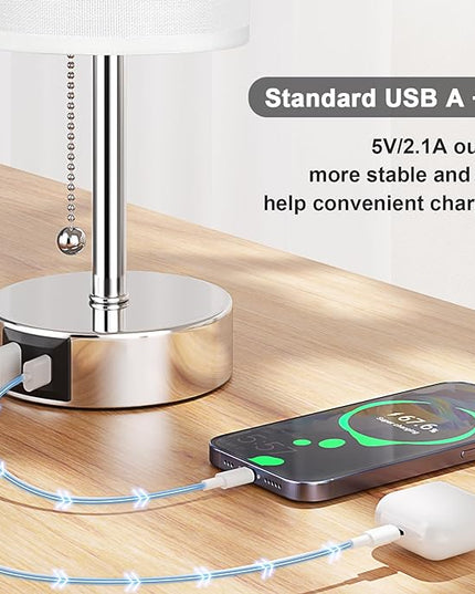 White Table Lamp for Bedroom Nightstand - Small Lamp with USB A + C Charging Port, 3 Color Temperatures Pull Chain Night Stand Light, Silver Base Desk Reading Lamp for Living Room - LeafyLoom