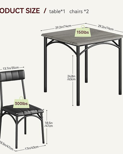 IDEALHOUSE Dining Table Set, Kitchen Table and Chairs for 2, Metal and Wood Square Dining Room Table Set with 2 Upholstered Chairs, 3 Piece Dining Table Set for Small Space, Apartment, Rustic Grey - LeafyLoom