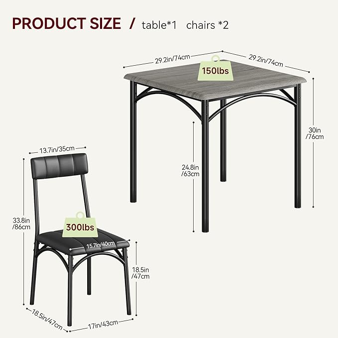 IDEALHOUSE Dining Table Set, Kitchen Table and Chairs for 2, Metal and Wood Square Dining Room Table Set with 2 Upholstered Chairs, 3 Piece Dining Table Set for Small Space, Apartment, Rustic Grey - LeafyLoom