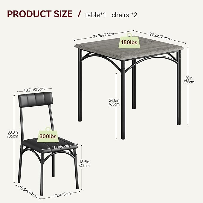 GAOMON Dining Table Set for 2, Kitchen Table and Chairs for 2 with Upholstered Chairs, 3 Piece Dining Room Table Set, Square Kitchen Table Set for Small Space, Apartment, Studio, Rustic Gray - LeafyLoom
