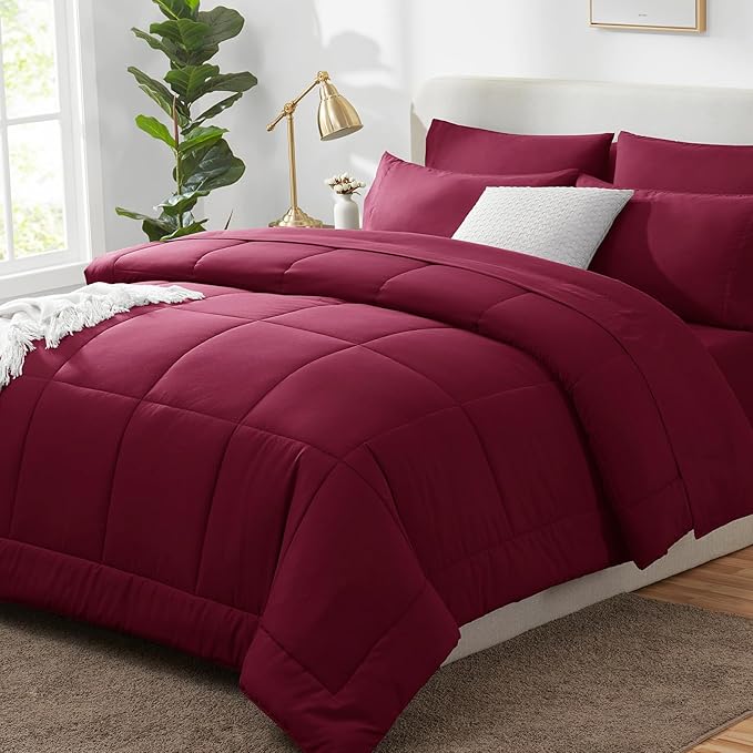 CozyLux Queen Size Comforter Set - 7 Pieces Bed in a Bag Set Burgundy, Bedding Sets Queen with All Season Quilted Comforter, Flat Sheet, Fitted Sheet, Pillowcases, Red, Queen - LeafyLoom