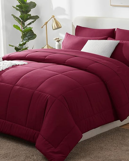 CozyLux King Size Comforter Set - 7 Pieces Bed in a Bag Set Burgundy, Bedding Sets King with All Season Quilted Comforter, Flat Sheet, Fitted Sheet, Pillowcases, Red, King - LeafyLoom