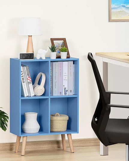 YAHARBO 4 Cube Bookshelf, Blue Small Kids Book Shelf with Cubby Storage,Wooden Modern Bookcase with Legs,2 Tier Freestanding Display Book Case Organizer,Bookshelves for Office,Nursery,Playroom - LeafyLoom